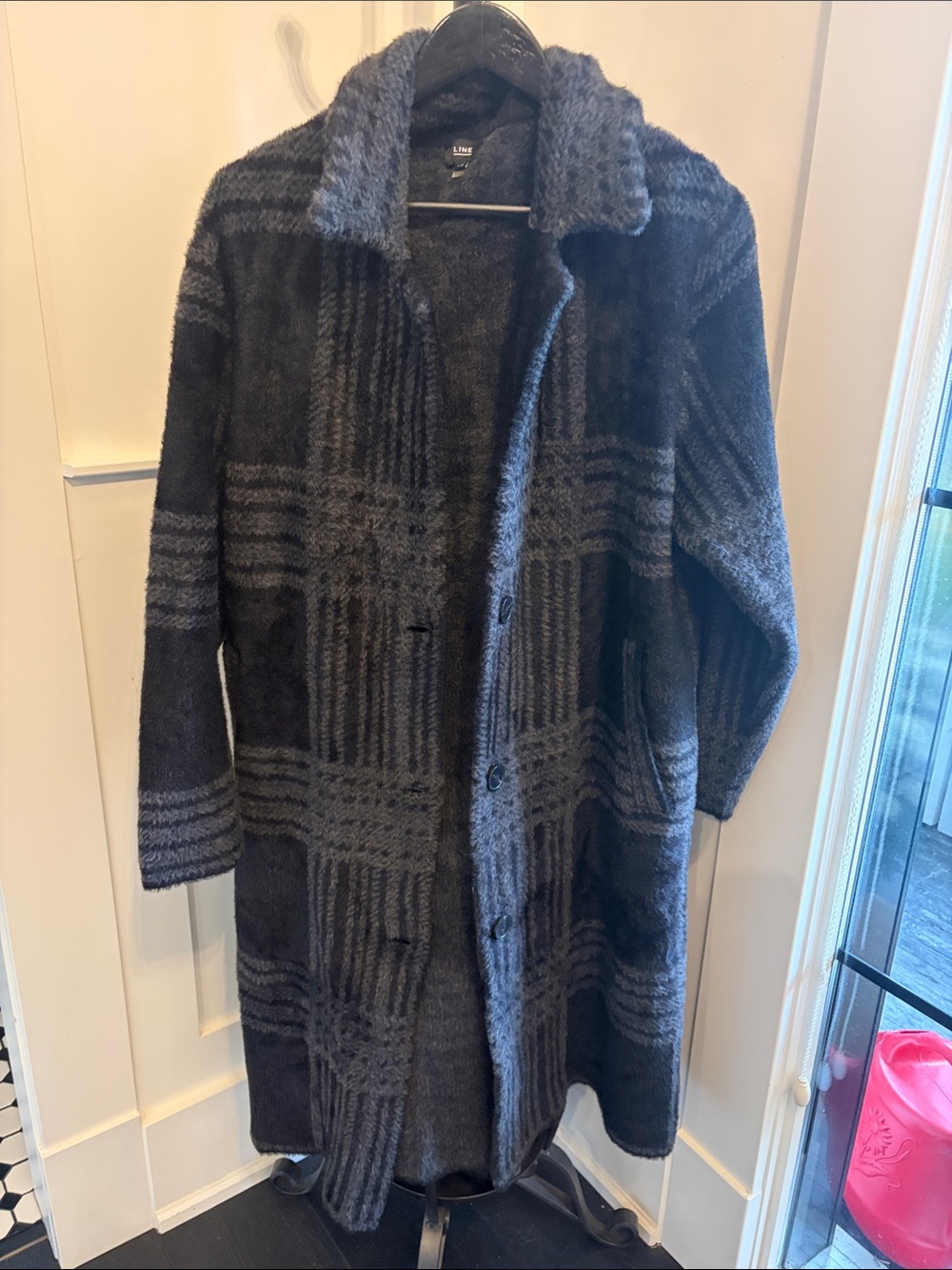 Long Plaid Sweater Coat in Charcoal Gray